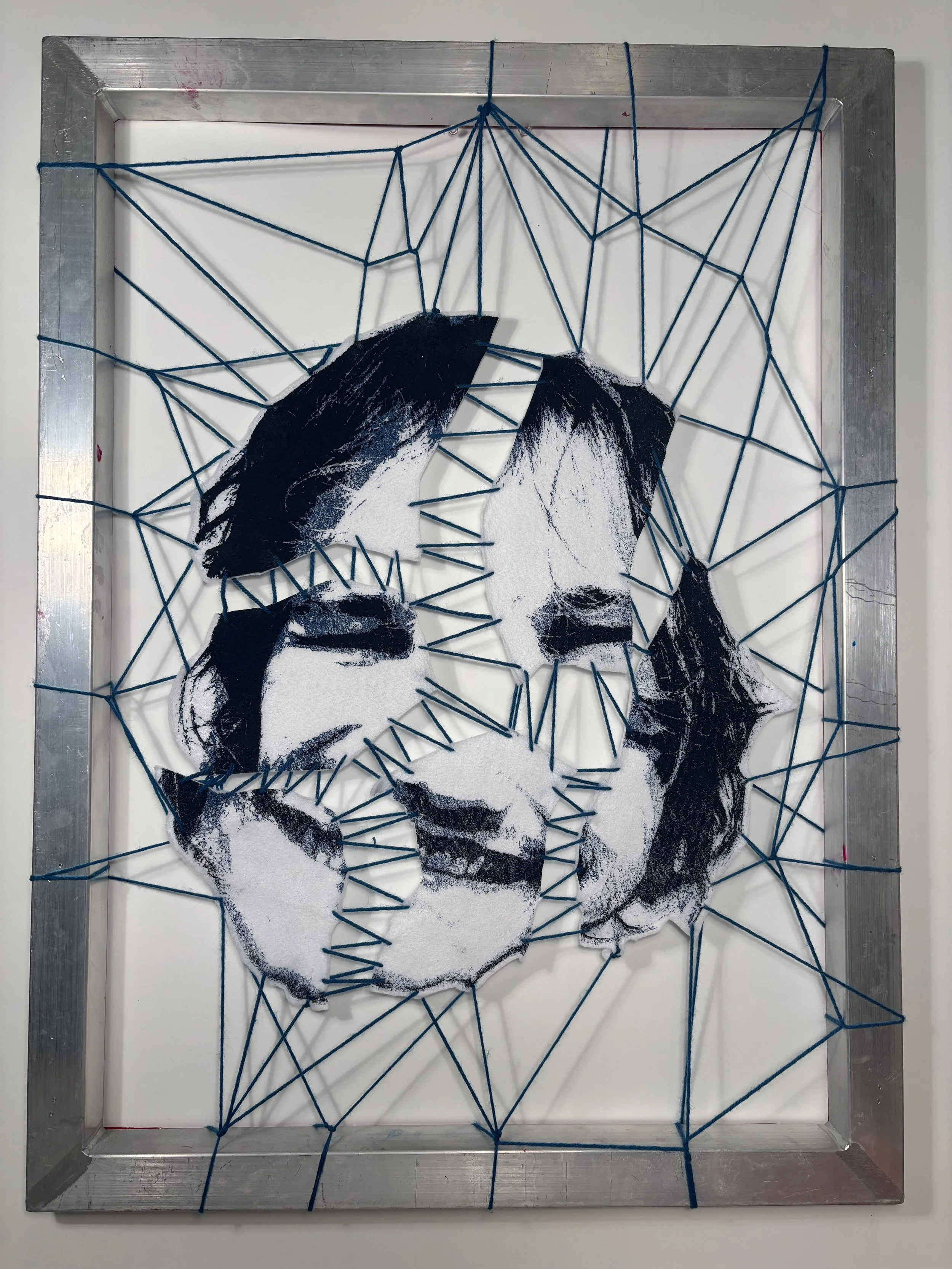 Keeping it Together - 20" x 24" - screen-print on batting, aluminum frame, yarn - 2025