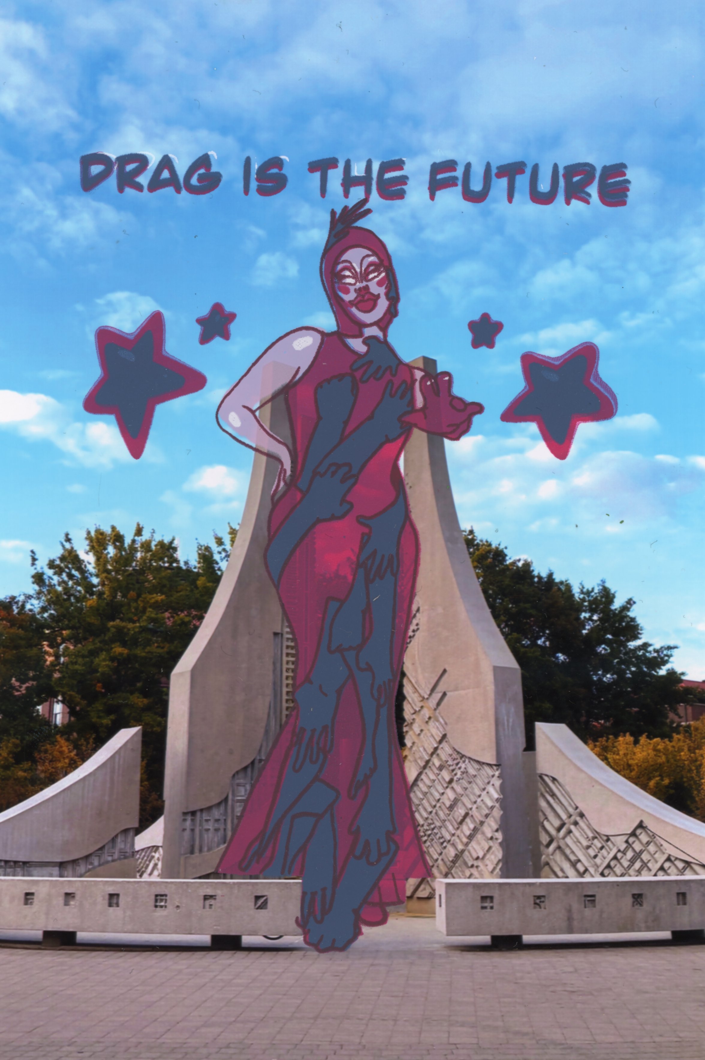 Drag is the Future - 4" x 6" - screen-print on dye sublimation print - 2025 - Made in response to Sasha Velour interview and performance hosted at Purdue, event headed by me as president of Drag Appreciation Club of Purdue, and the Purdue LGBTQ Cente