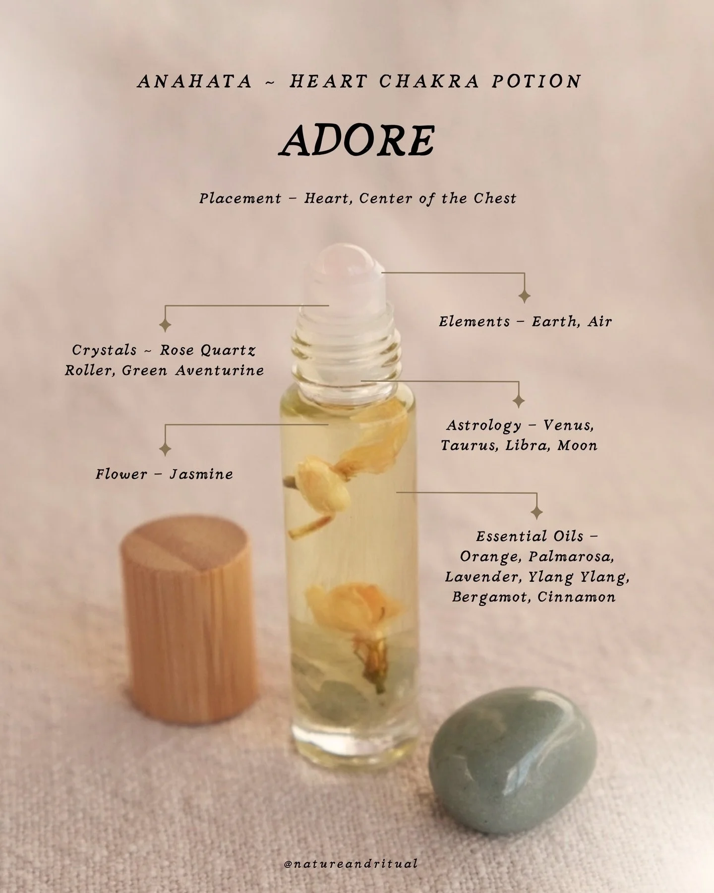 Fall in love with Adore, the fourth of seven Potions that align with the Chakras, handcrafted by Nature &amp; Ritual Co. You will also receive a Green Aventurine tumble stone and Ritual Cards. 💚

As you can use the Potions in various ways, the Ritua