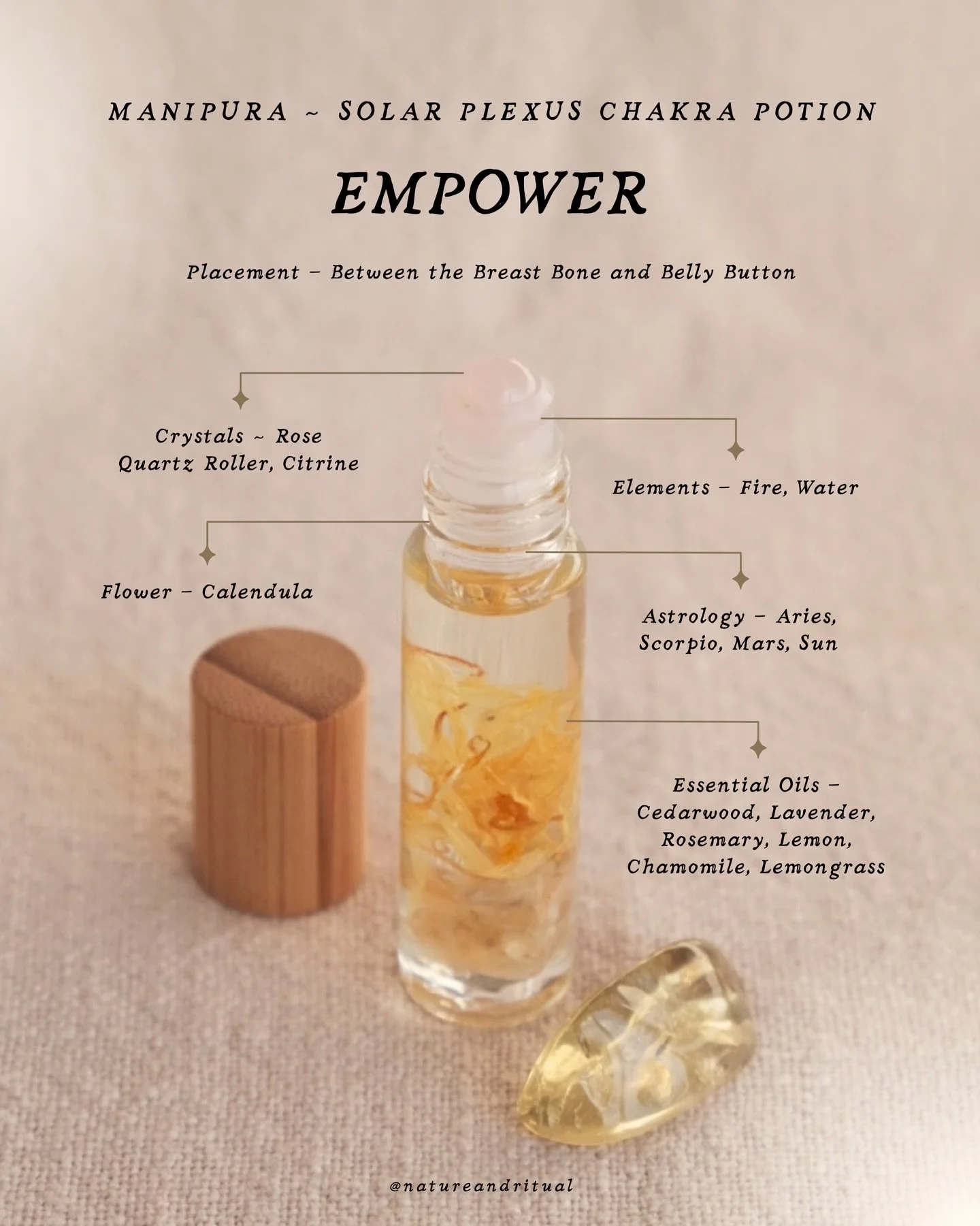 Awaken with Empower, the fifth of seven Potions that align with the Chakras, handcrafted by Nature &amp; Ritual Co. You will also receive a Citrine tumble stone and Ritual Cards. 💛

As you can use the Potions in various ways, the Ritual cards help y