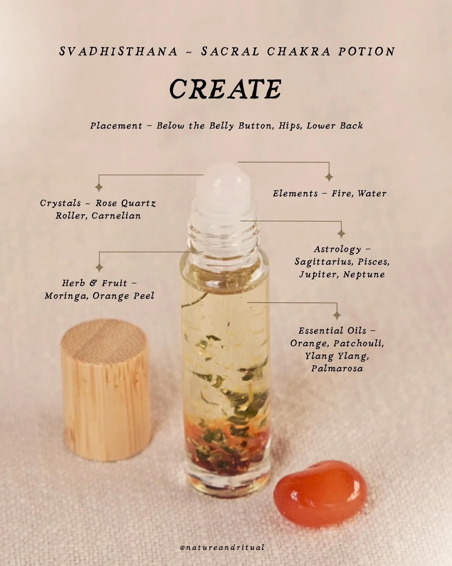 Stunning as a natural perfume but destined for so much more, Create is the sixth of seven Potions that align with the Chakras, handcrafted by Nature &amp; Ritual Co. You will also receive a Carnelian tumble stone and Ritual Cards. 🧡

As you can use 