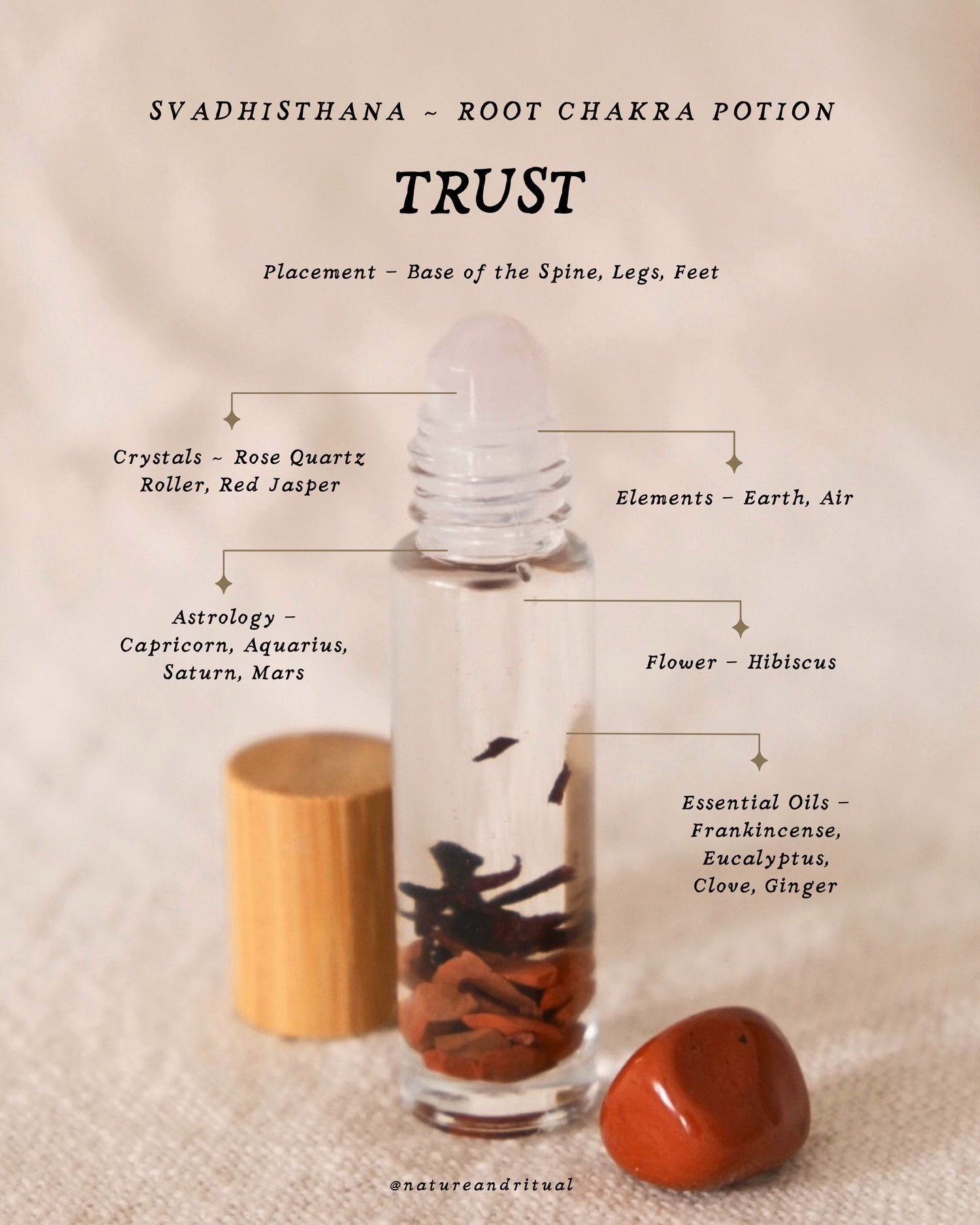 With a burst of scent that brings you down to Earth, Trust&nbsp;is the seventh of seven Potions that align with the Chakras, handcrafted by Nature &amp; Ritual Co. You will also receive a Red Jasper tumble stone and Ritual Cards. ❤️

As you can use t