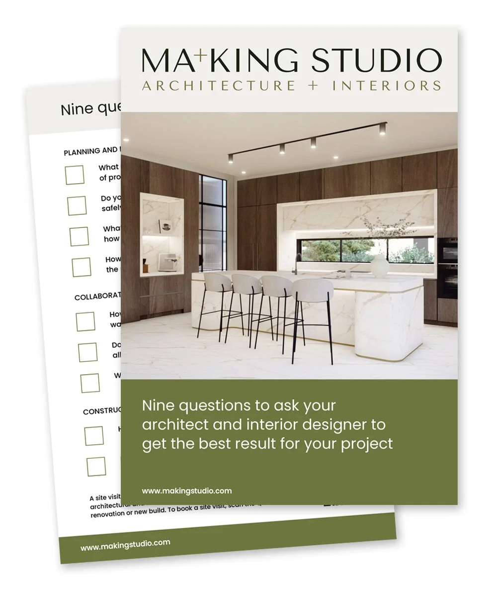 Two brochures for MA+KING Studio, featuring a modern kitchen and a checklist titled Nine questions to ask your architect and interior designer.