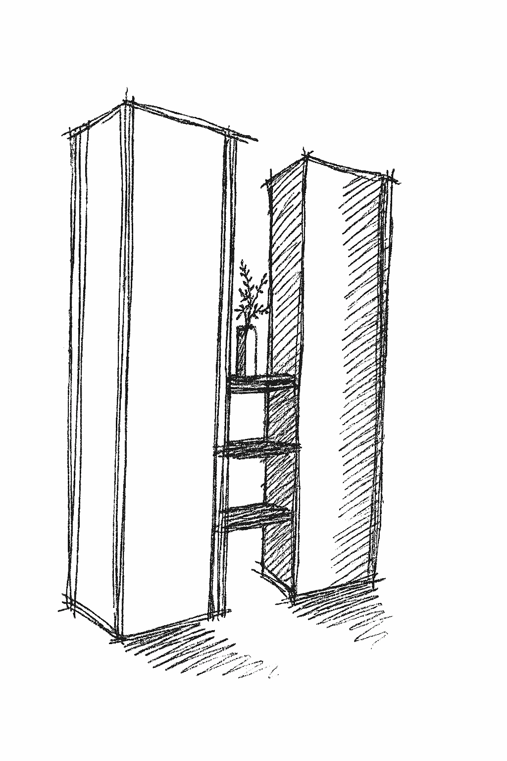 A sketch of two tall, narrow shelves with a small potted plant on the top shelf of the right shelf.