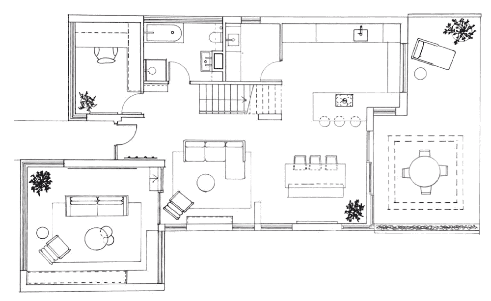 Floor plan of a house showing a living room, kitchen, dining area, bedroom, bathroom, and outdoor patio with furniture and plants.