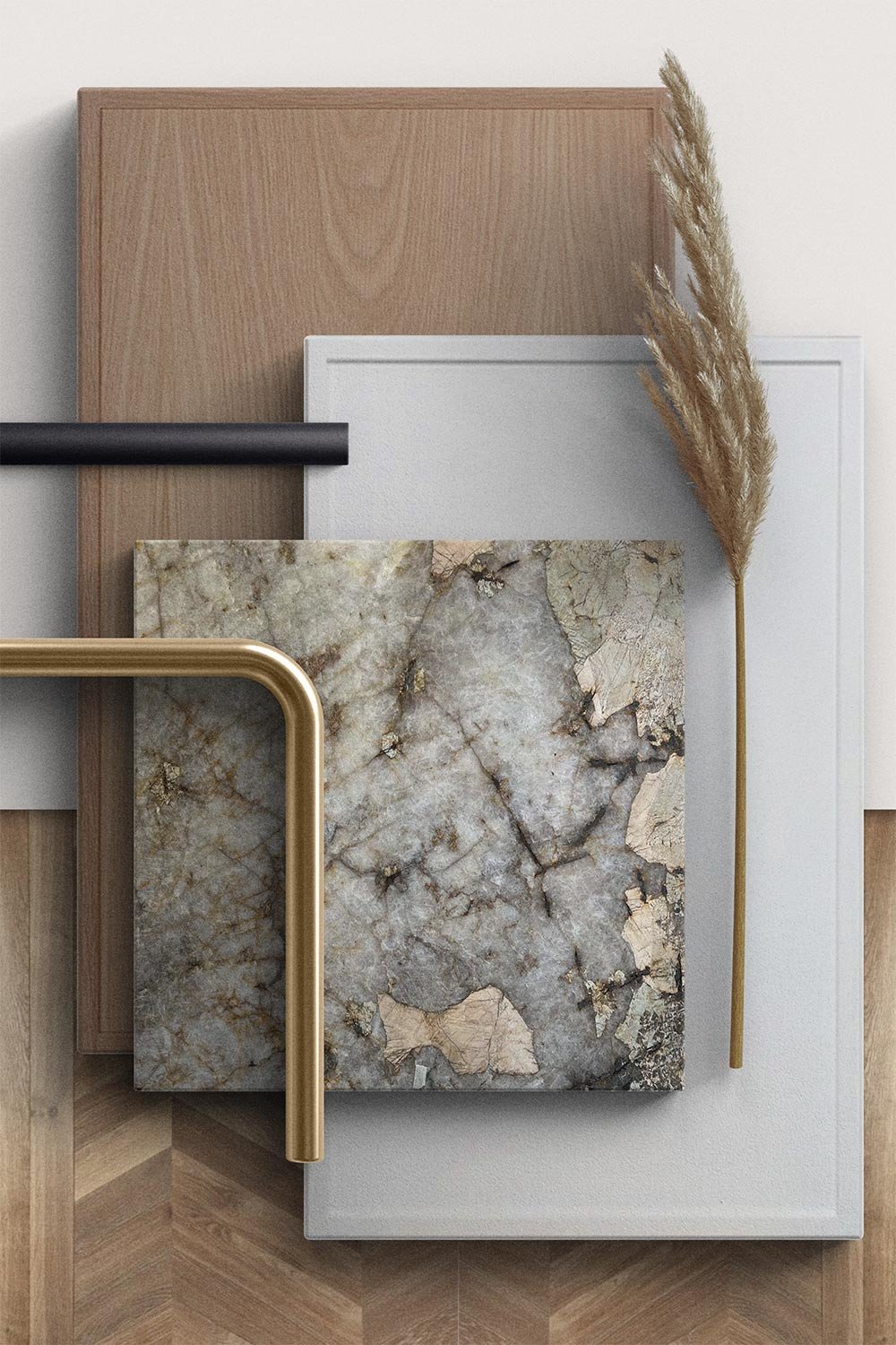 Arrangement of various material samples including wood, marble, white panel, black rod, gold corner, and a dried pampas grass on a white background.