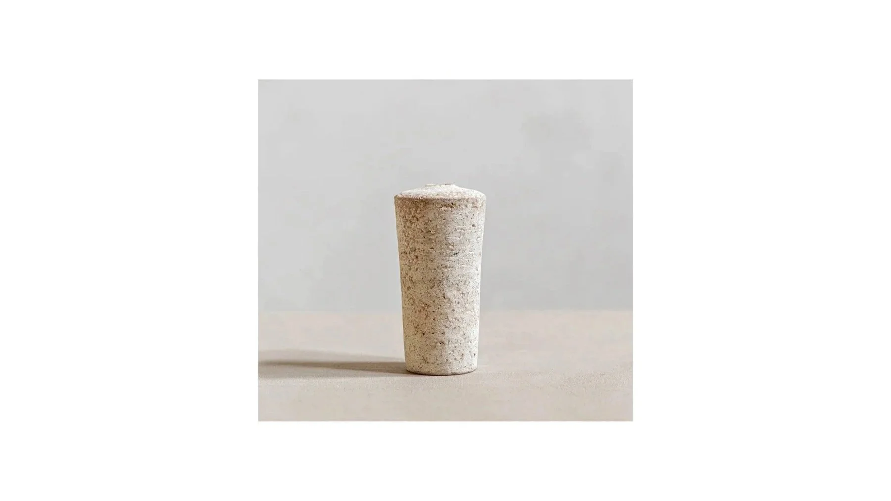 Myoshu Wataru (b. 1990). Tapered cylindrical-shaped vase, unglazed stoneware. Left: H 13 cm x W 8.5 cm at the widest.