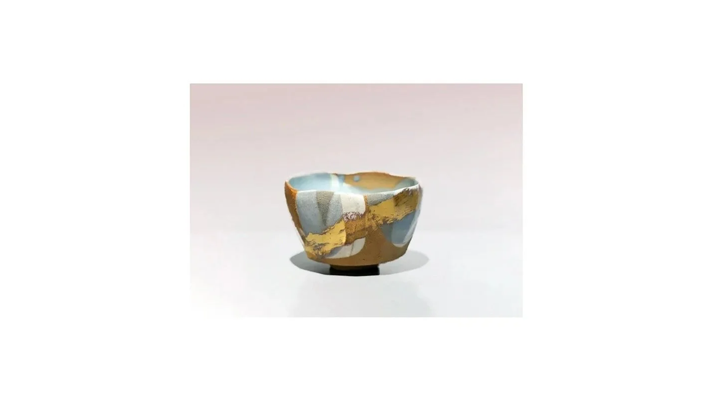 Matsubayashi Hosai XVI (b. 1980), Geppaku overglaze tea bowl, stoneware with light blue moon-white Asahi glaze and gold, H 8.3 cm x W 12.2 cm.