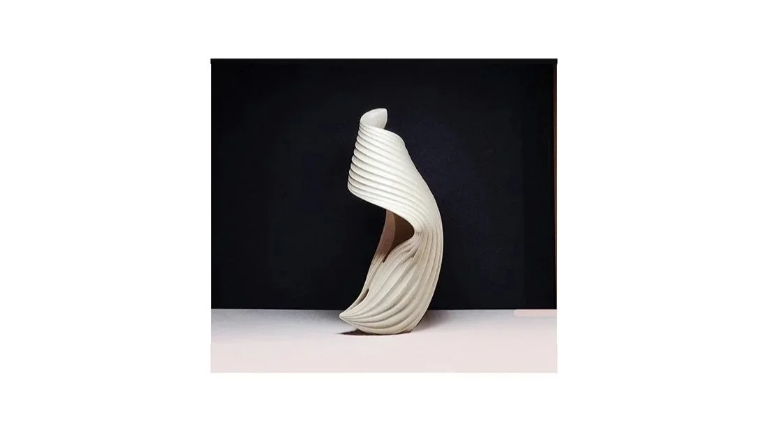 Inaba Chikako (b. 1974). Leaf vessel, white glaze over coil-built stoneware, hand carved fluted “veins”, H 21.5 cm x W 10 cm. 