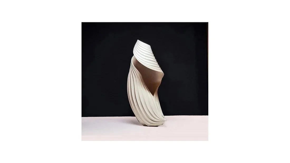 Inaba Chikako (b. 1974). Leaf vessel, white glaze over coil-built stoneware, hand carved fluted “veins”, H 21.5 cm x W 10 cm. 
