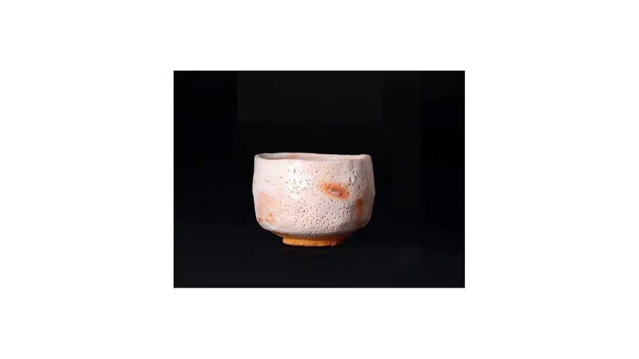 Kato Kozo (1935-2023). Tea bowl with iron-brushed Enso circle, Shino ware, wood-fired in an anagama kiln, H 9.8 cm x W 13.3 cm.  