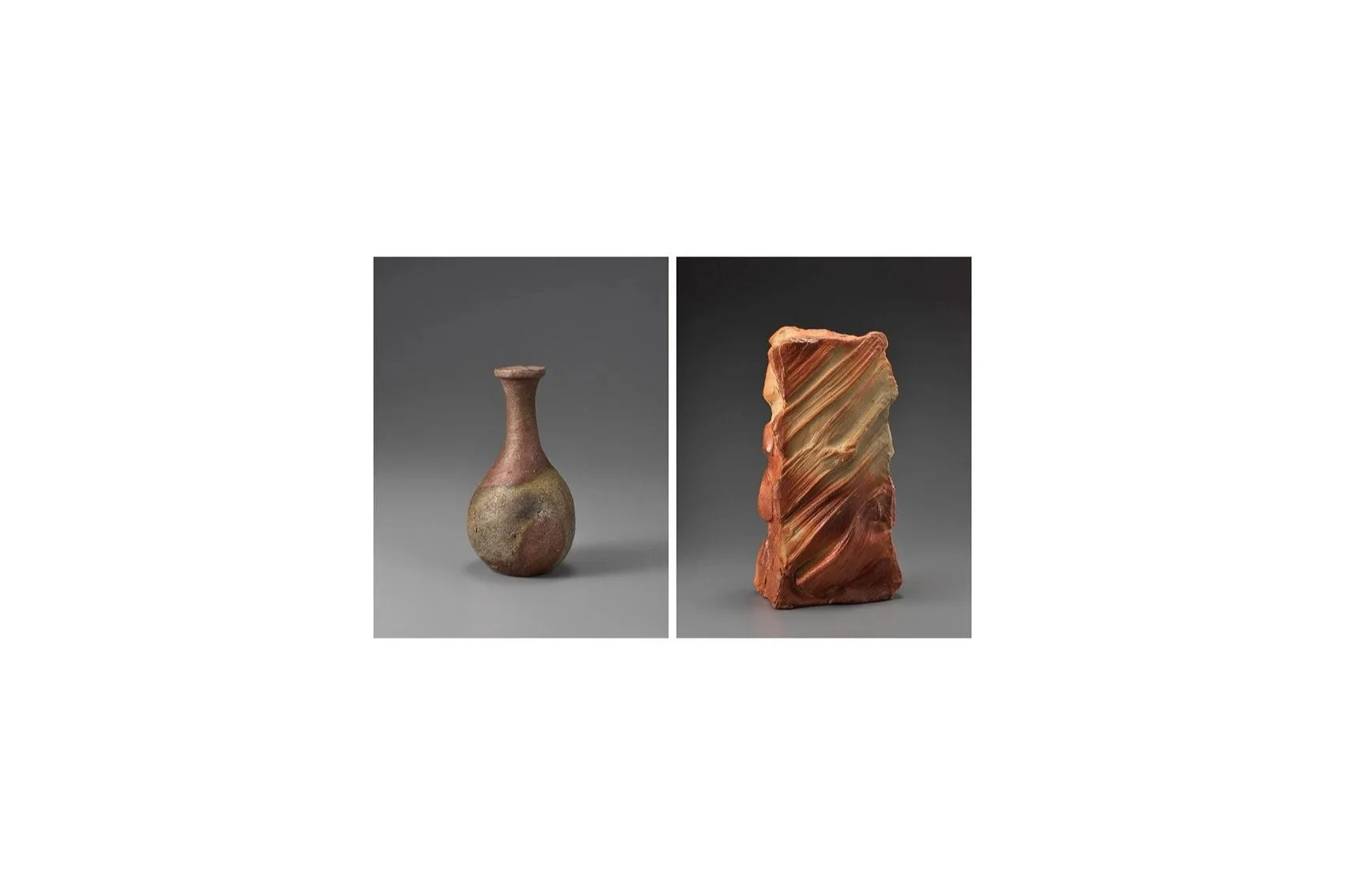 Left: Sake flask named Toshiwasure (“Forgetting Time”), 16-17th century, Fujita Museum, Osaka. Right: Jun Isezaki’s “Wind and Snow” sculpture, 2015, National Crafts Museum, Ishikawa Prefecture. 