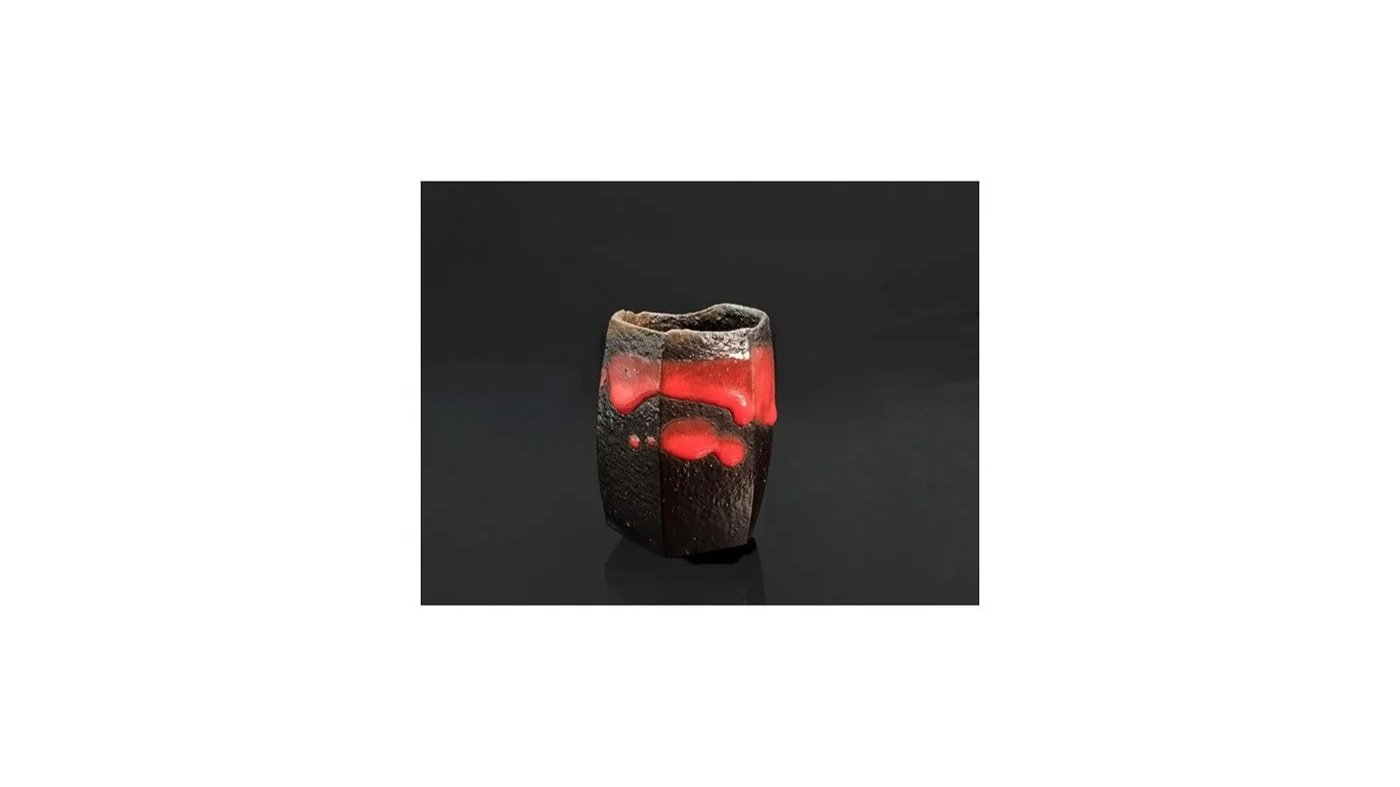 TAKENAKA Kenji (b. 1957), black Bizen sake cup with red glaze, H 10 cm x W 7 cm. 