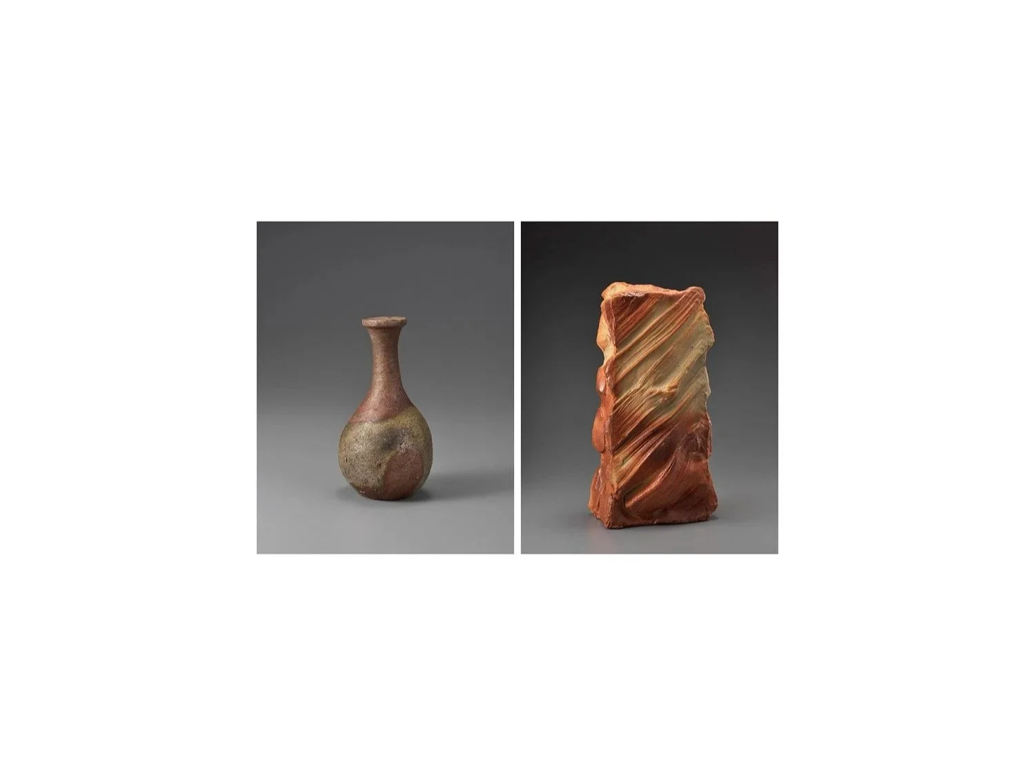 Left: Sake flask named Toshiwasure (“Forgetting Time”), artist unknown, 16-17th century, Fujita Museum, Osaka. Right: ISEZAKI Jun (1936-2026),  “Wind and Snow” sculpture, 2015, National Crafts Museum, Ishikawa Prefecture. Private collection.