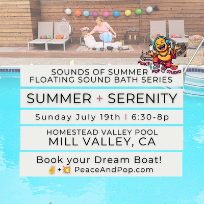 Poolside lounge area with pink and neutral chairs, a woman crystal singing bowls promoting a summer floating sound bath. at Homestead Valley Pool in Mill Valley, California, on July 19th from 6:30 to 8 p.m.