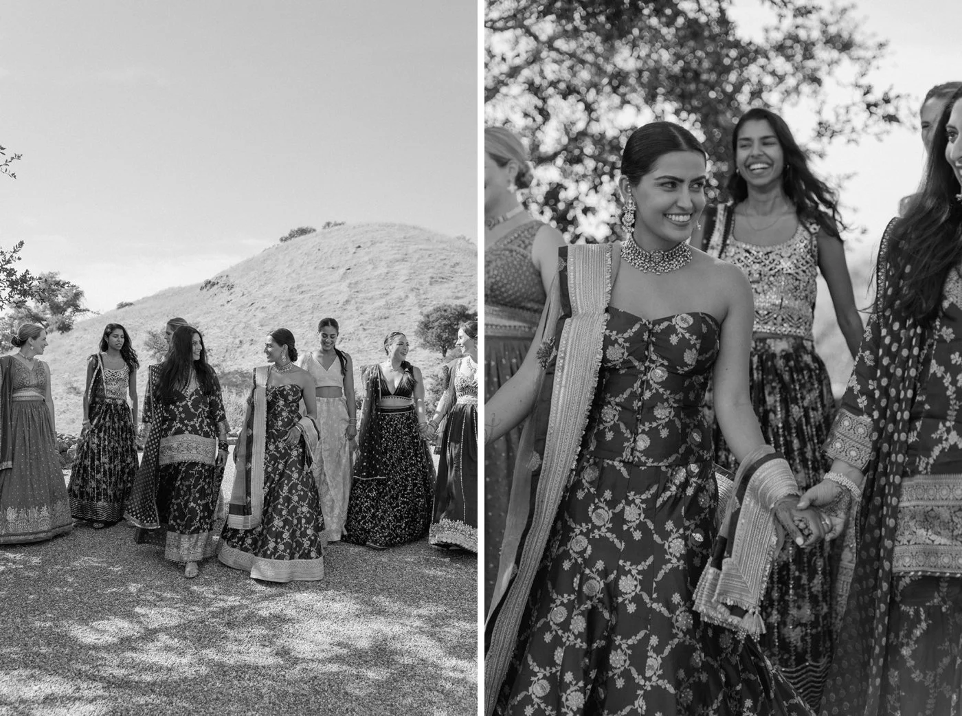 Black and white bridal party portraits from a sangeet at Paradise Ridge Winery