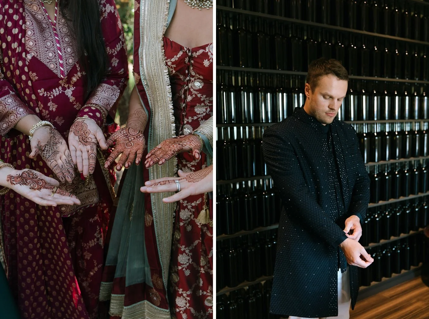 Women with henna on their hands at a multicultural wedding in Sonoma