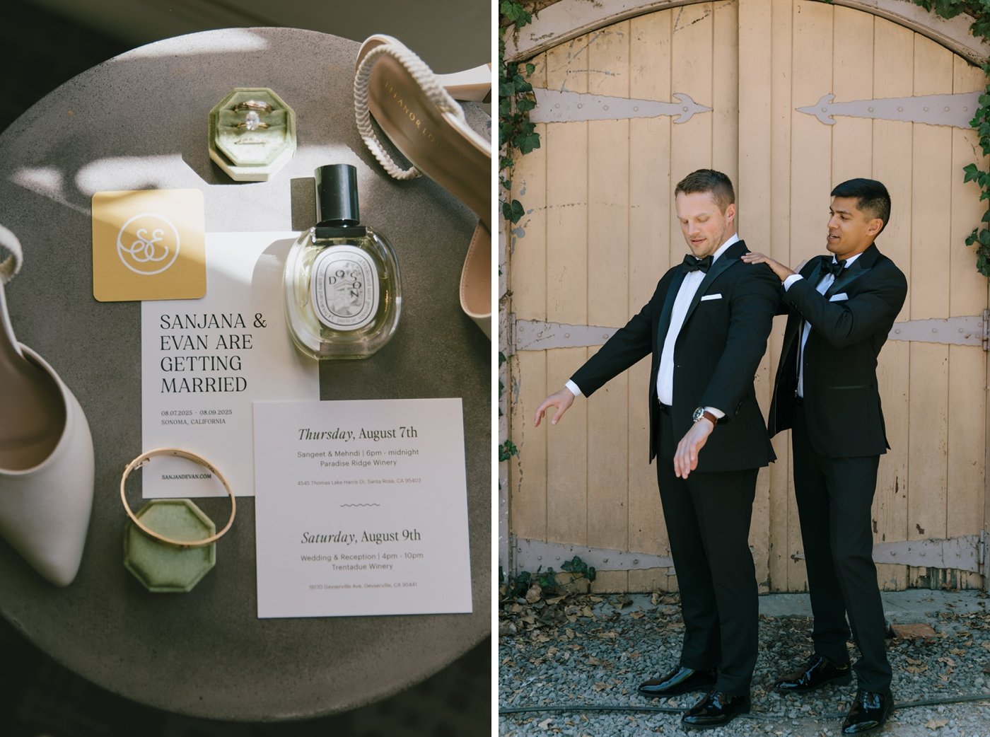Flatlay of a black and white wedding invitation, Diptyque Paris perfume, and white bridal heels