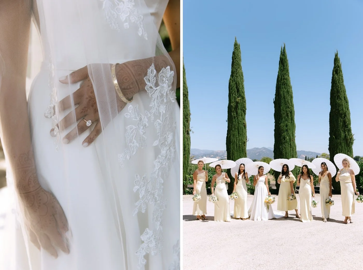 Bridemaids wearing butter yellow floor-length gowns and carrying ivory parasols