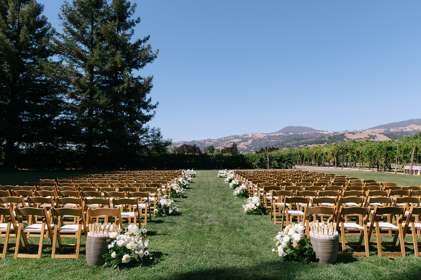Setup for an outdoor wedding ceremony at Trentadue Winery