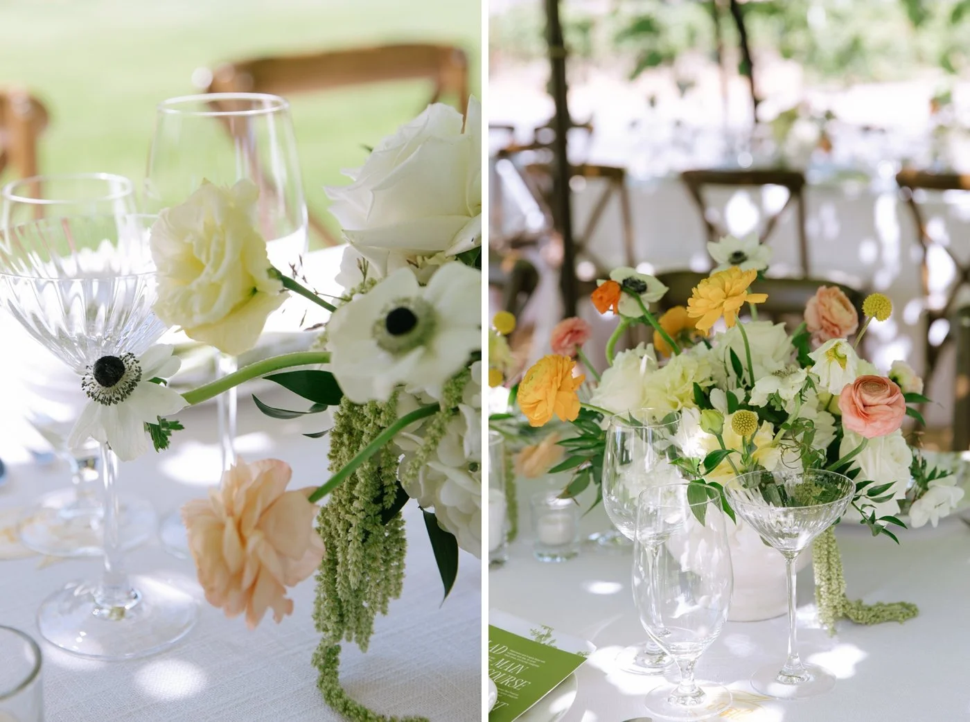 Floral centerpiece filled with ivory anemones and roses by Vanda Floral Design 