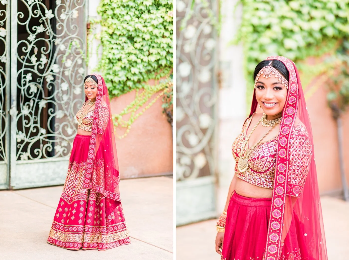 Bride wearing a red veil and traditional Indian bridal gown  