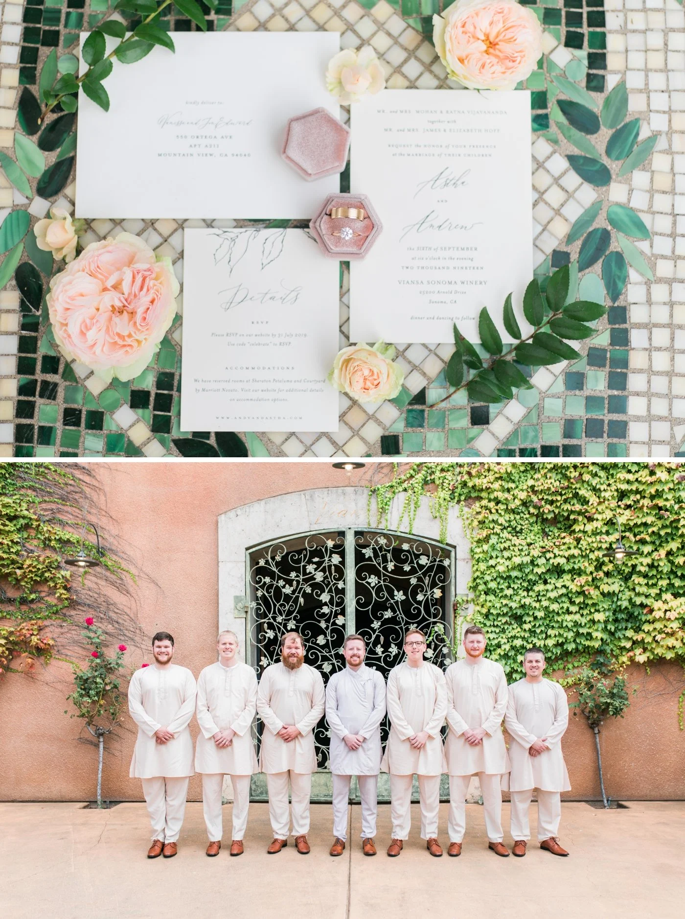 Flatlay of a wedding invitation and peach flowers