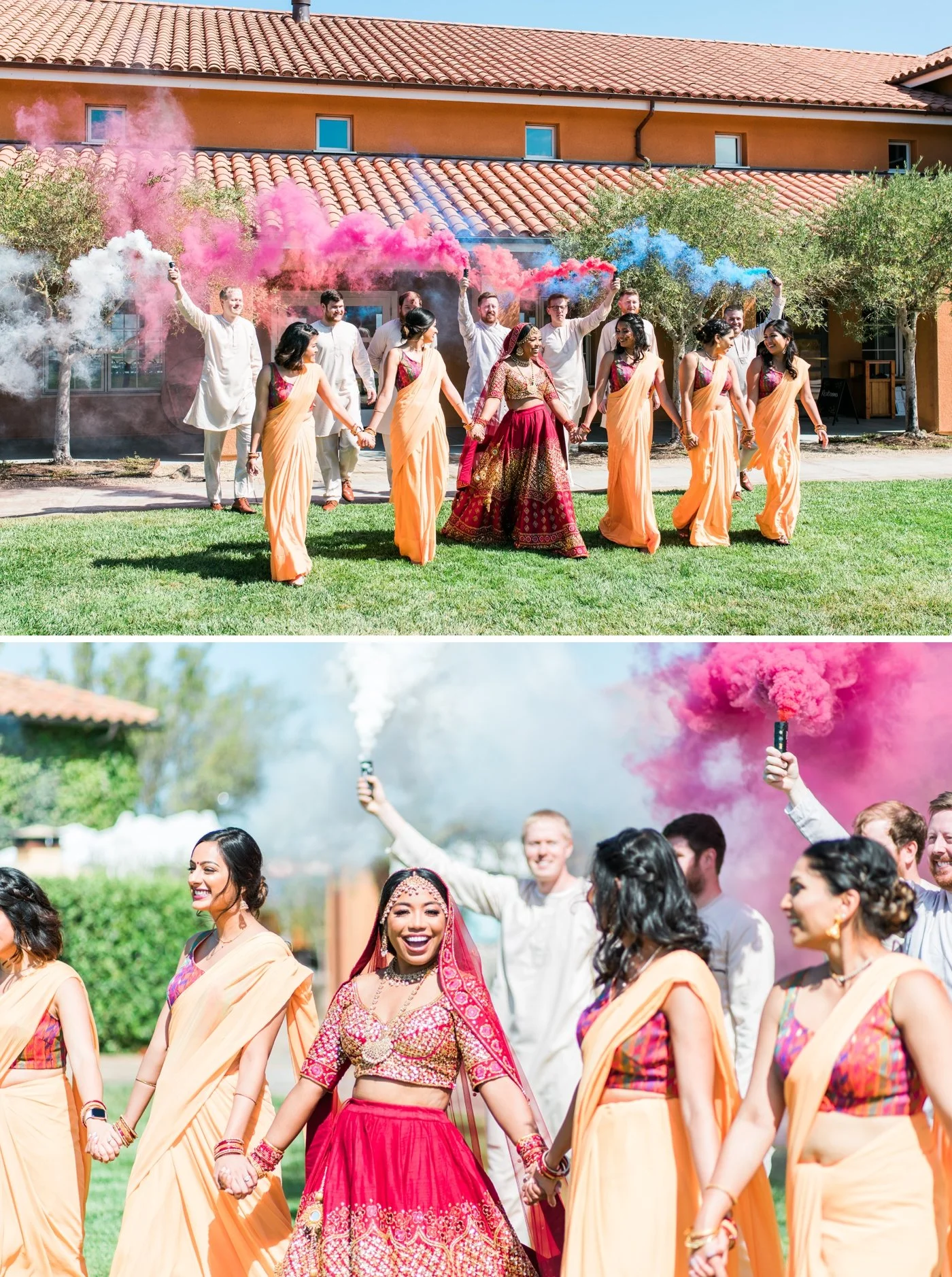 Groomsmen holding colorful smoke bombs at a Hindu wedding in Sonoma