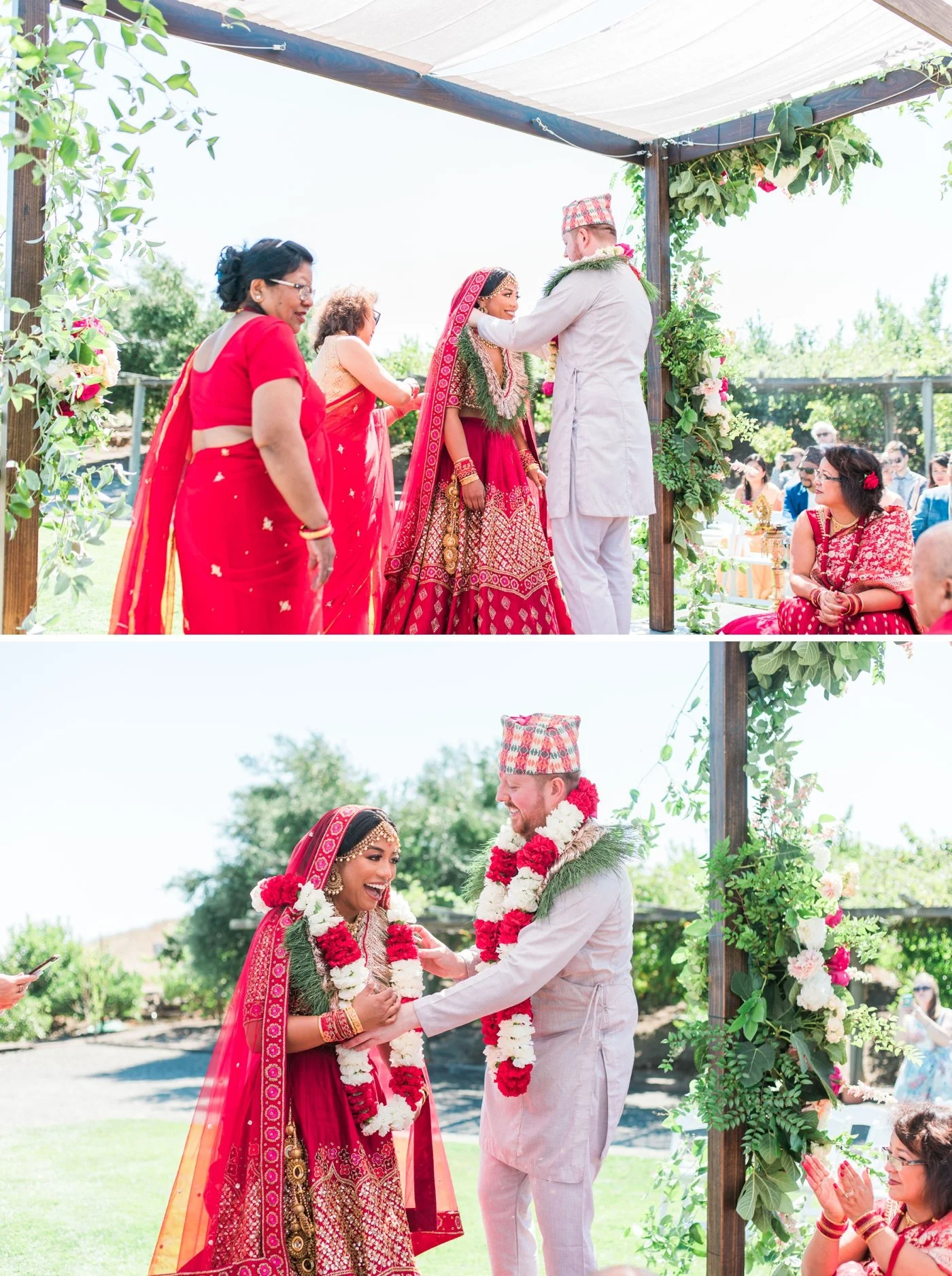 Bride and groom performing the Varmala ceremony at their Hindu wedding in Sonoma