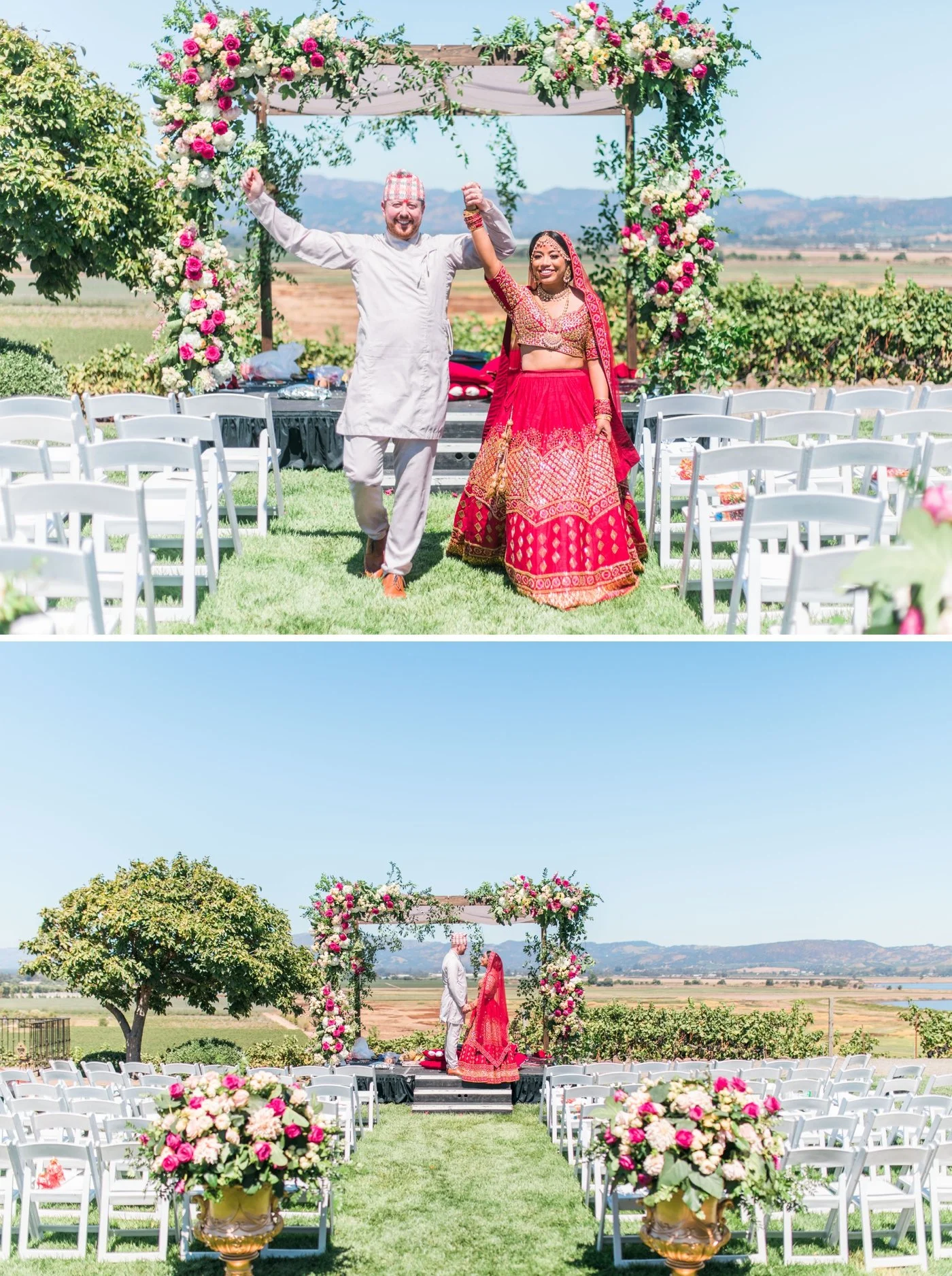Bride and groom wearing traditional Indian dress and standing under a Mandap 