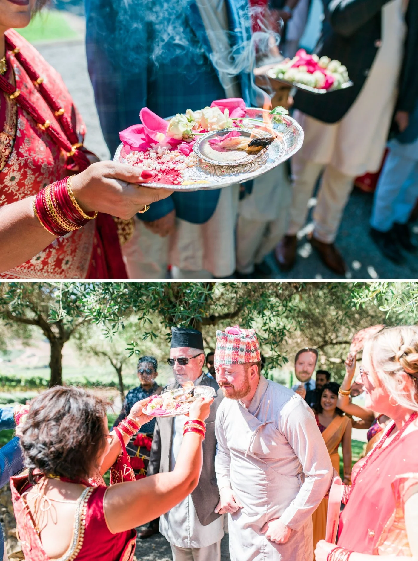 Woman holding a plate of traditional food at a Hindu wedding in Sonoma