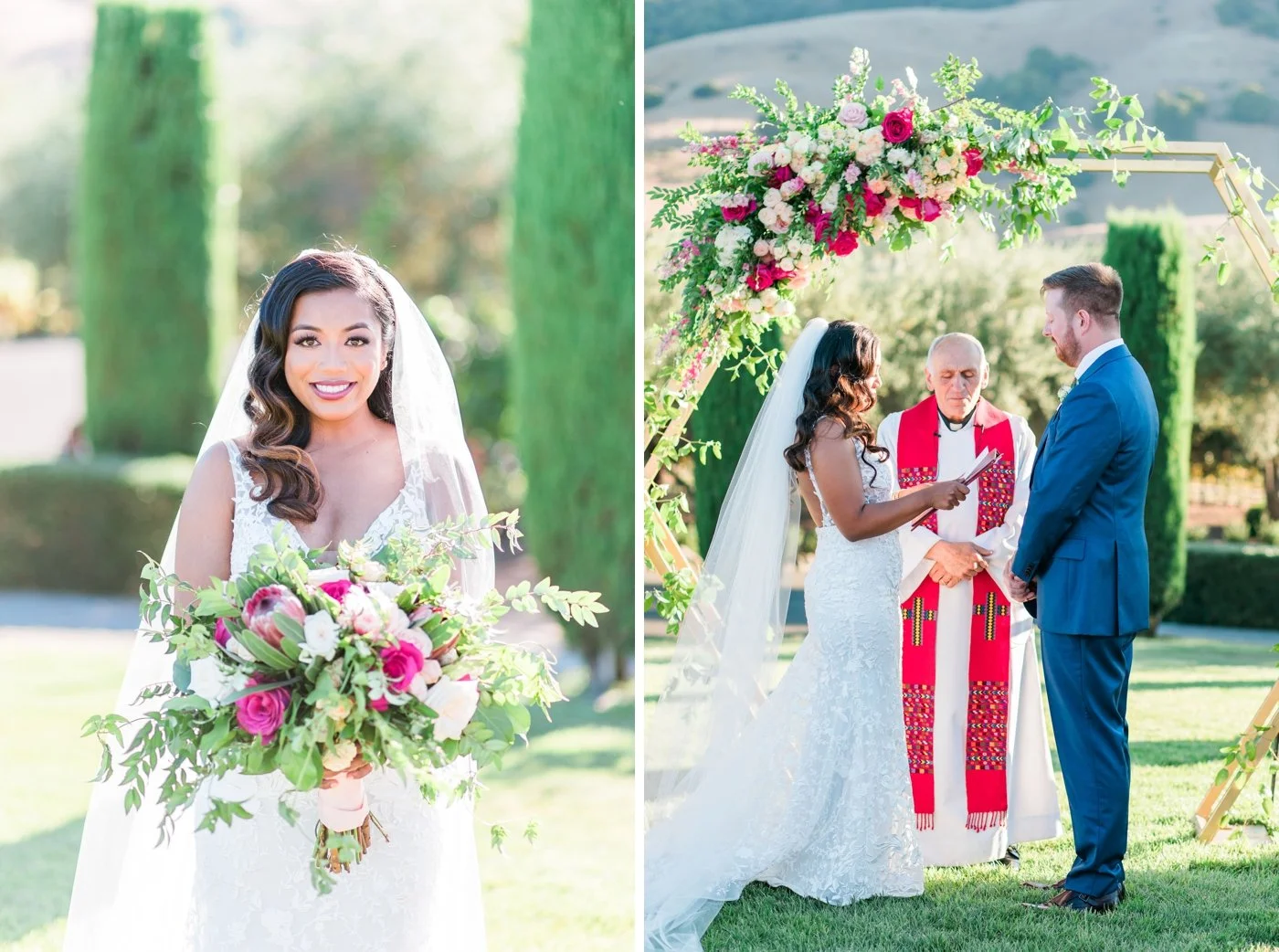 Bride and groom under a wooden hexagon arch decorated with pink and white flowers