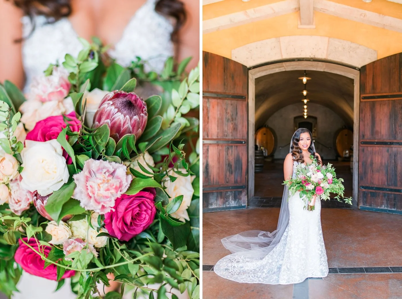 Bride holding a bouquet filled with pink and white flowers by Wine Country Flowers