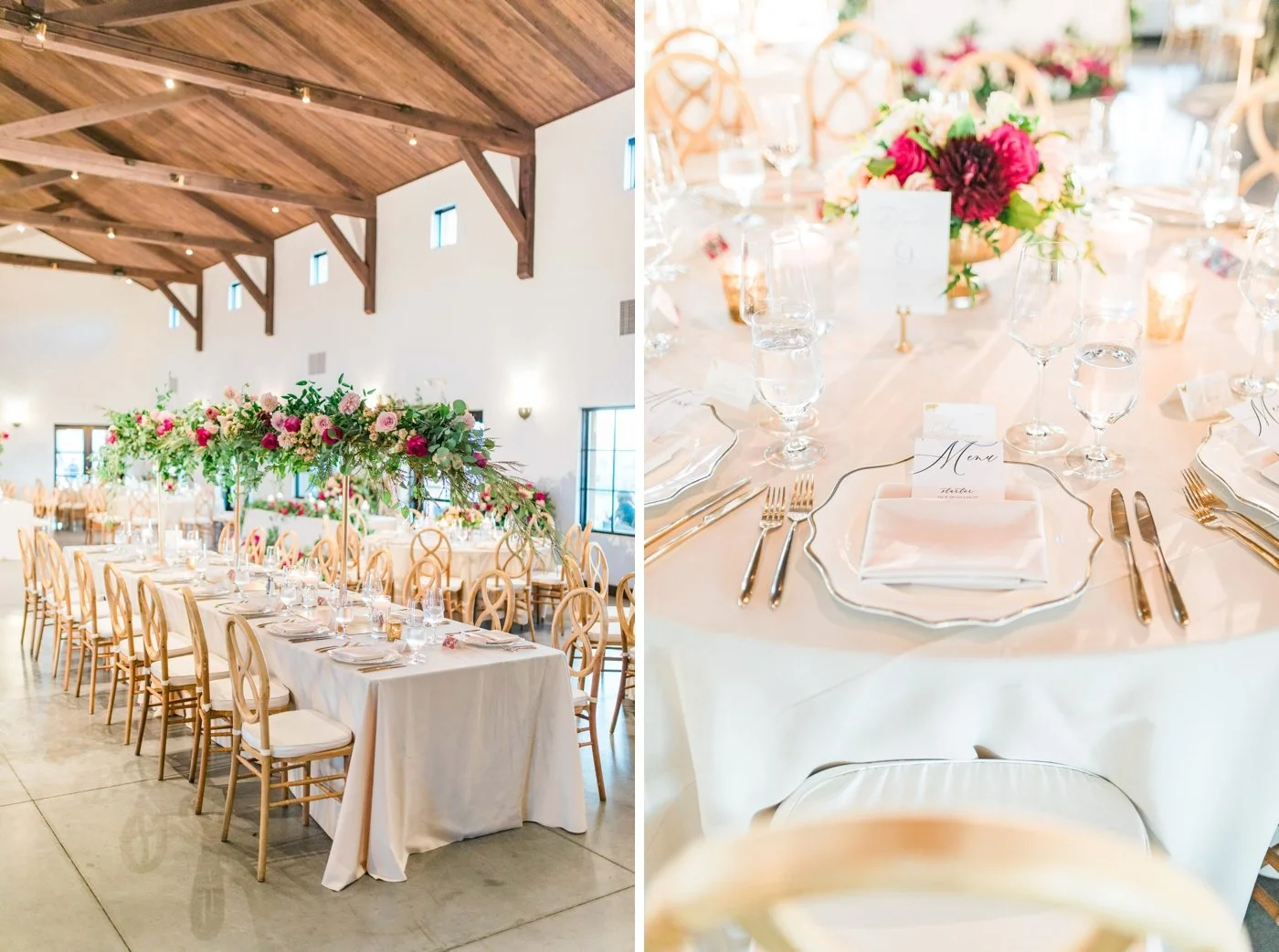 Table with burgundy and pink flowers, white linens, and silver cutlery at a Sonoma wedding