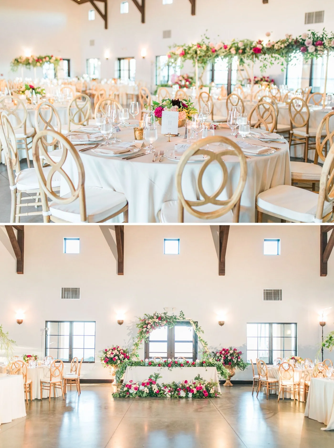 Pink flowers, greenery, and a wooden hexagon arch decorating a sweetheart table at a Sonoma wedding