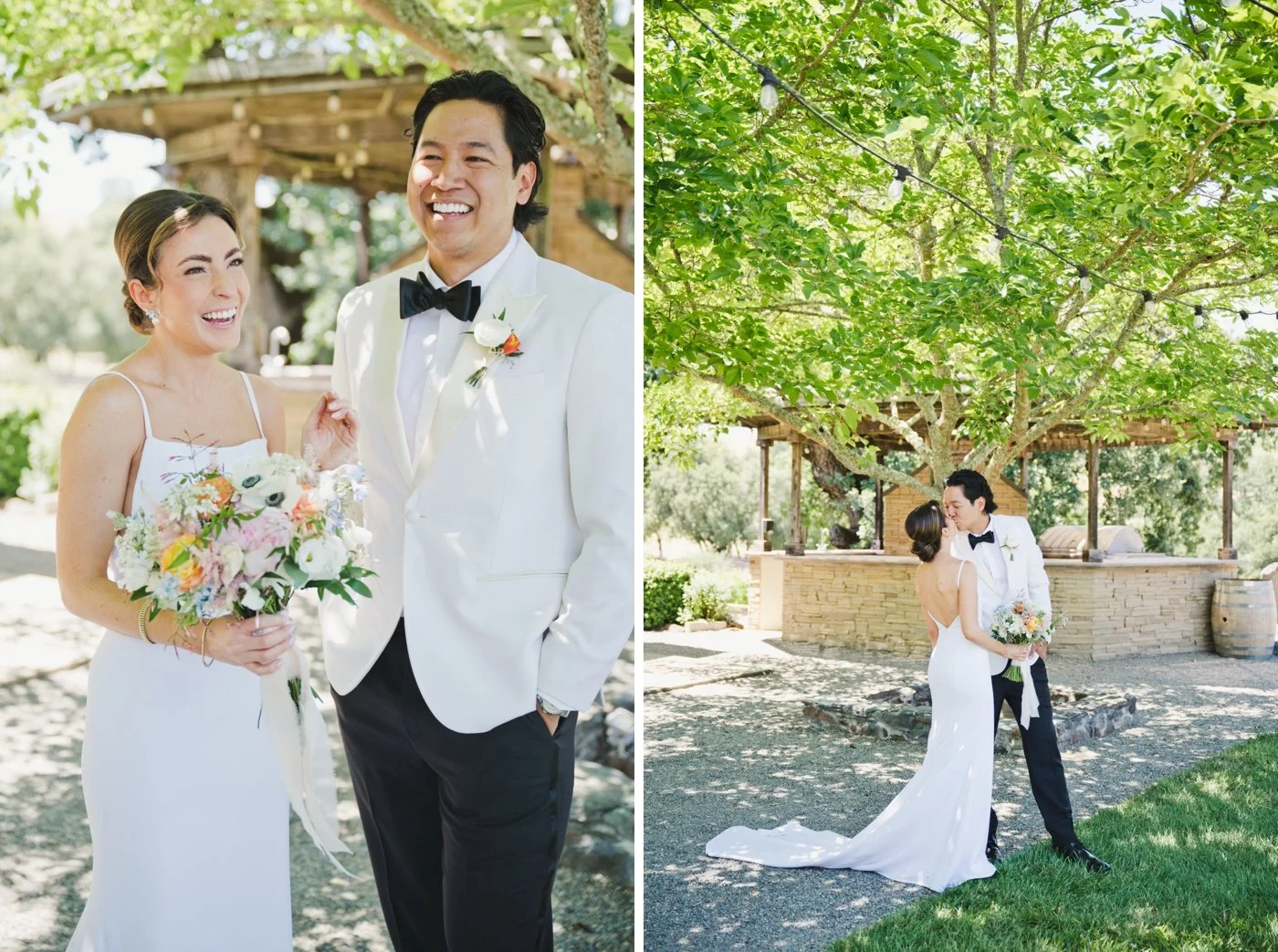 Bride and groom laughing and kissing after their first look