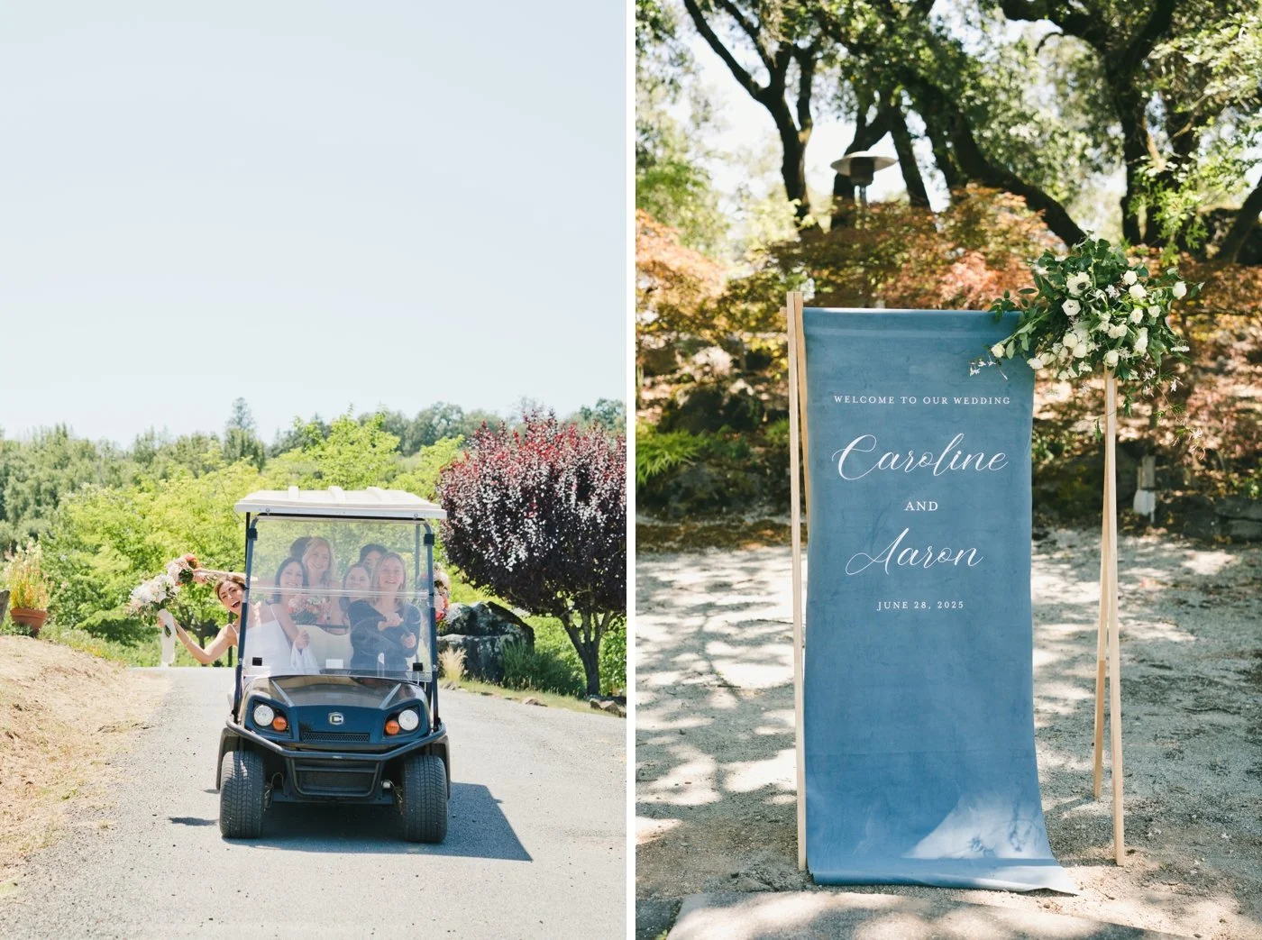 Bride riding to her wedding ceremony site in a golf cart