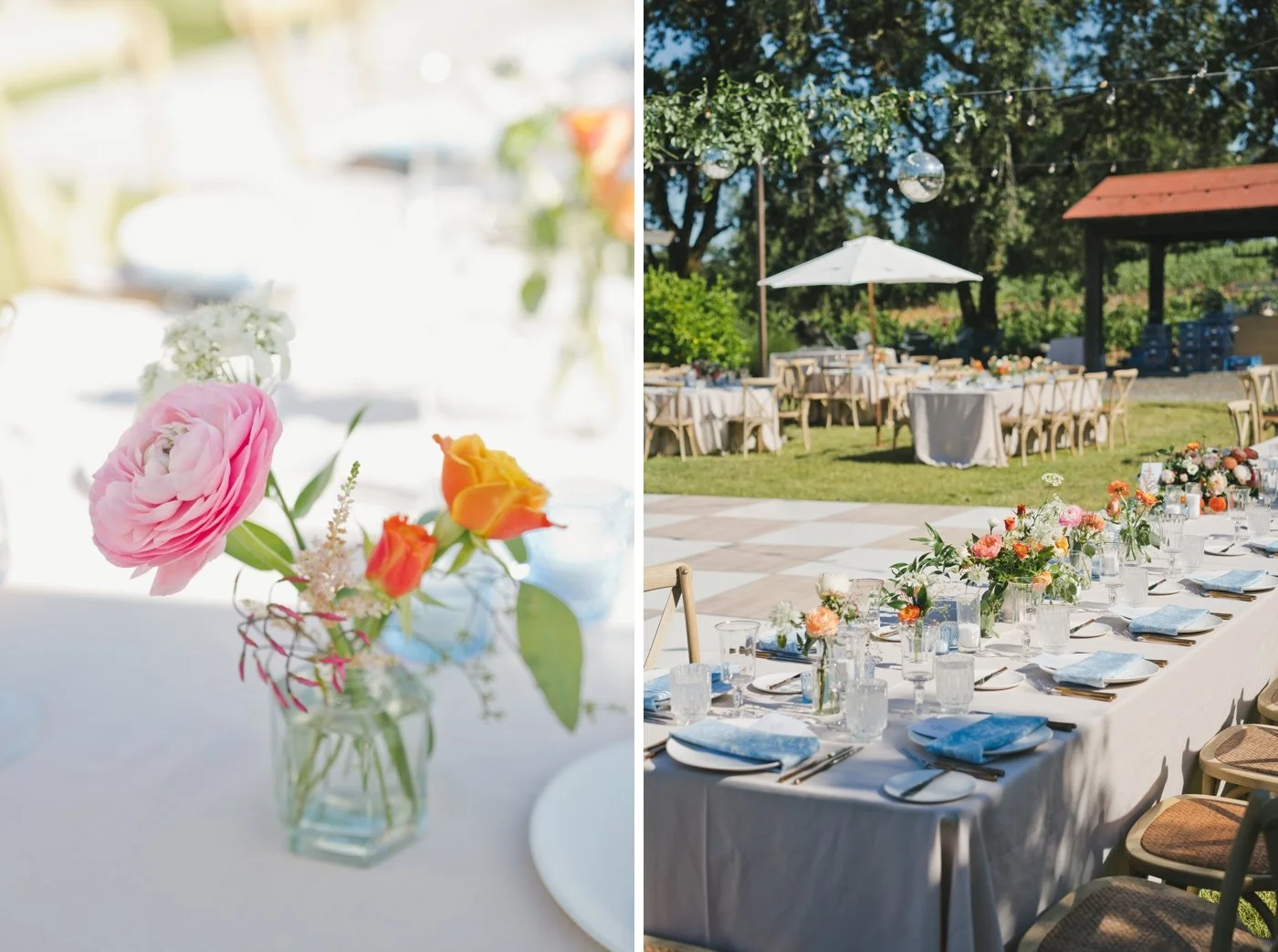Pink and orange flowers in a bud vase for a summer wedding