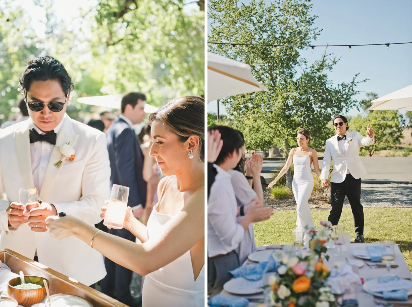 Bride and groom walking into their wedding reception