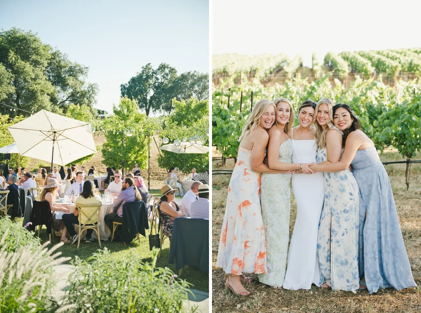 Bride posing with wedding guests wearing floral dresses