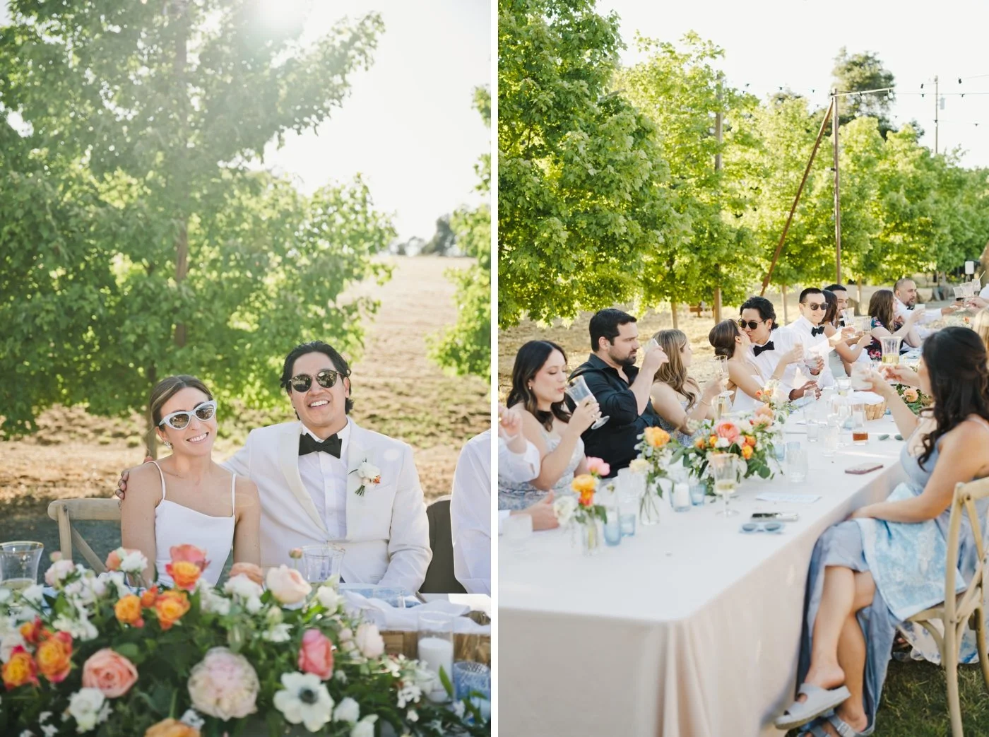 Bride and groom wearing sunglasses at their wedding reception