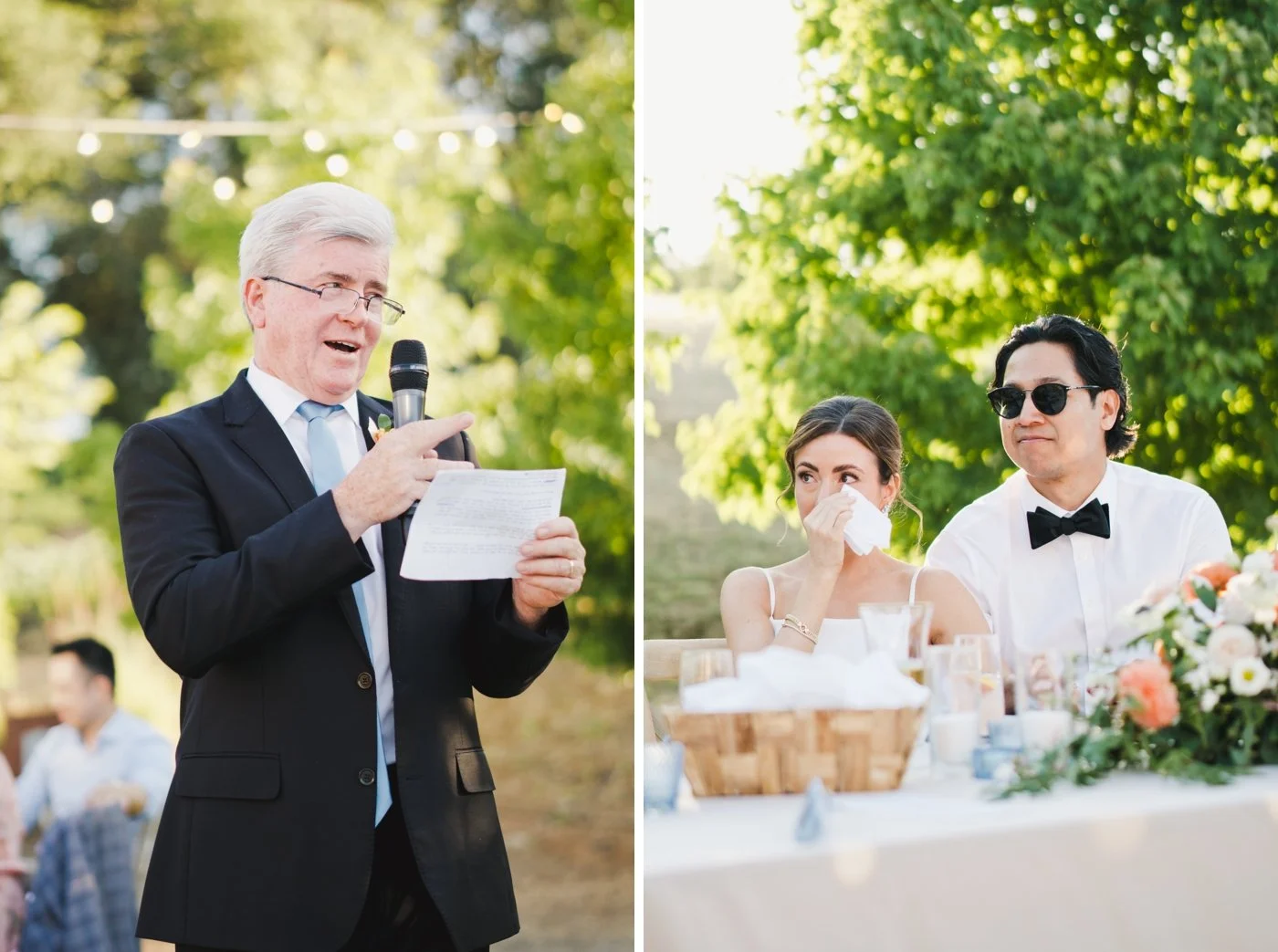 Bride wiping away tears during a speech at her wedding reception