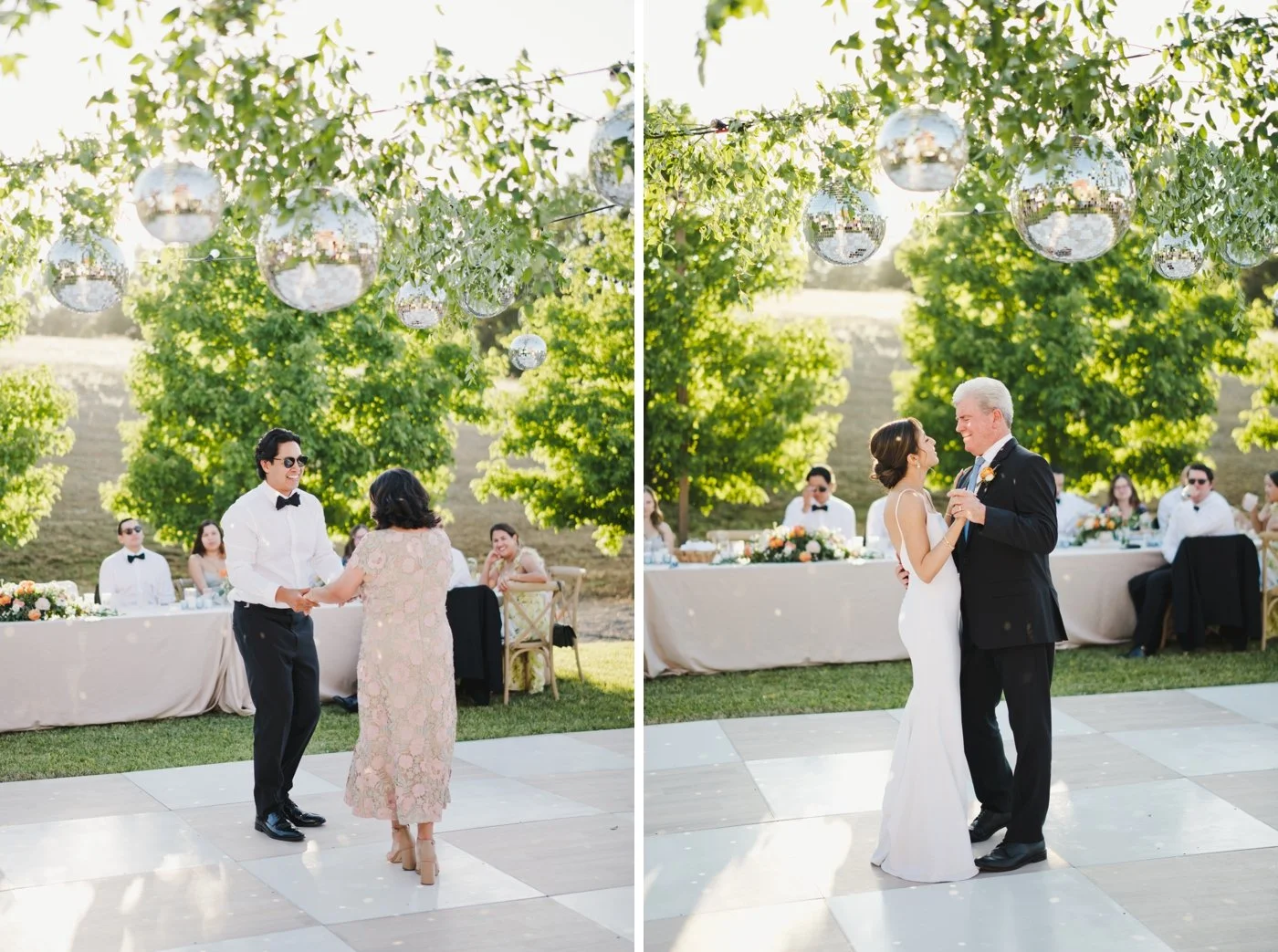 White and tan checkered dance floor for a summer wedding