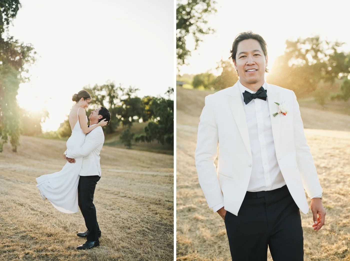 Groom lifting his bride in a field at sunset