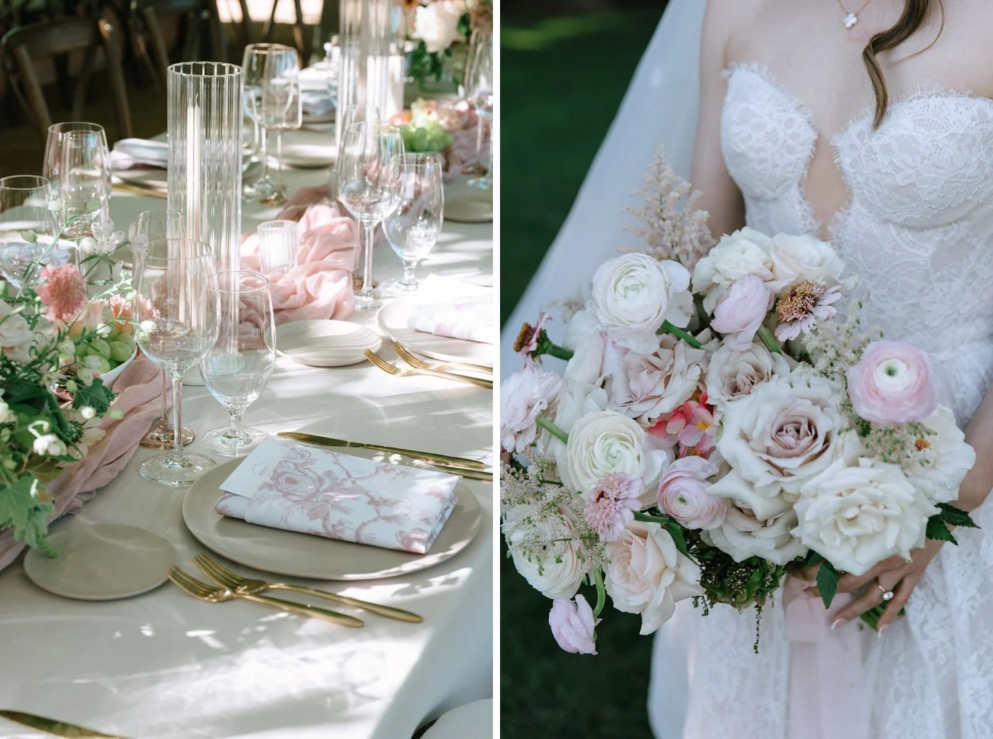 Bride holding a blush and ivory bouquet with roses and ranunculus