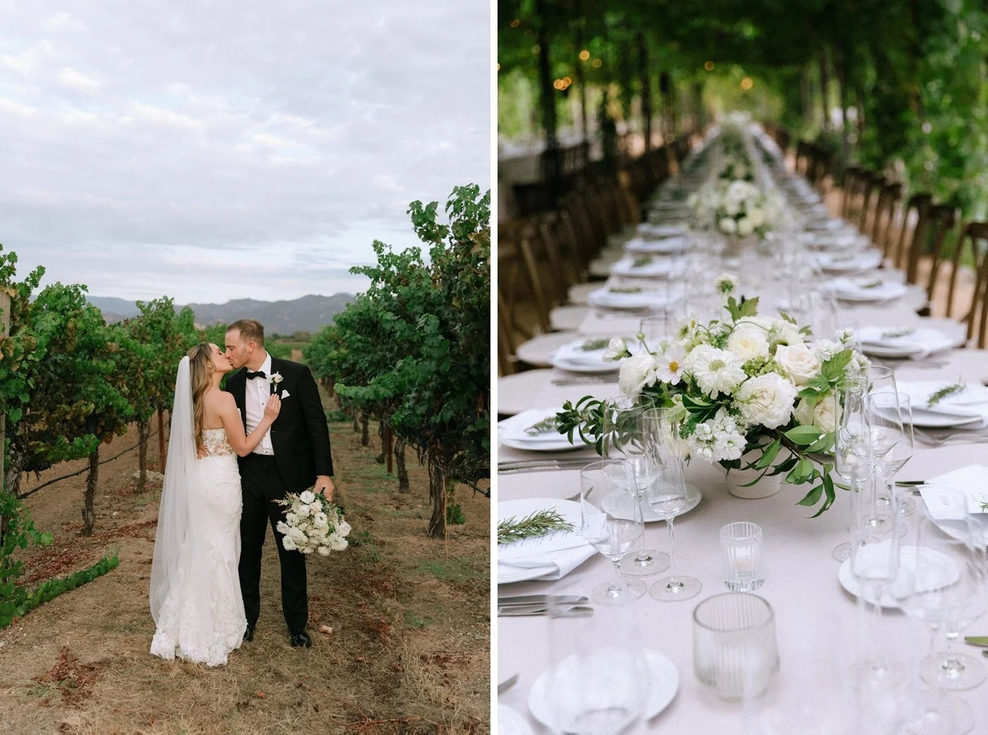 Bride and groom kissing in a vineyard in Sonoma, California