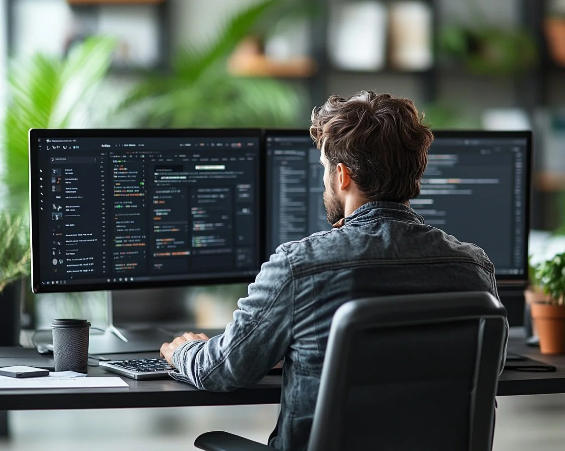 Man coding on dual monitors in home office with plants