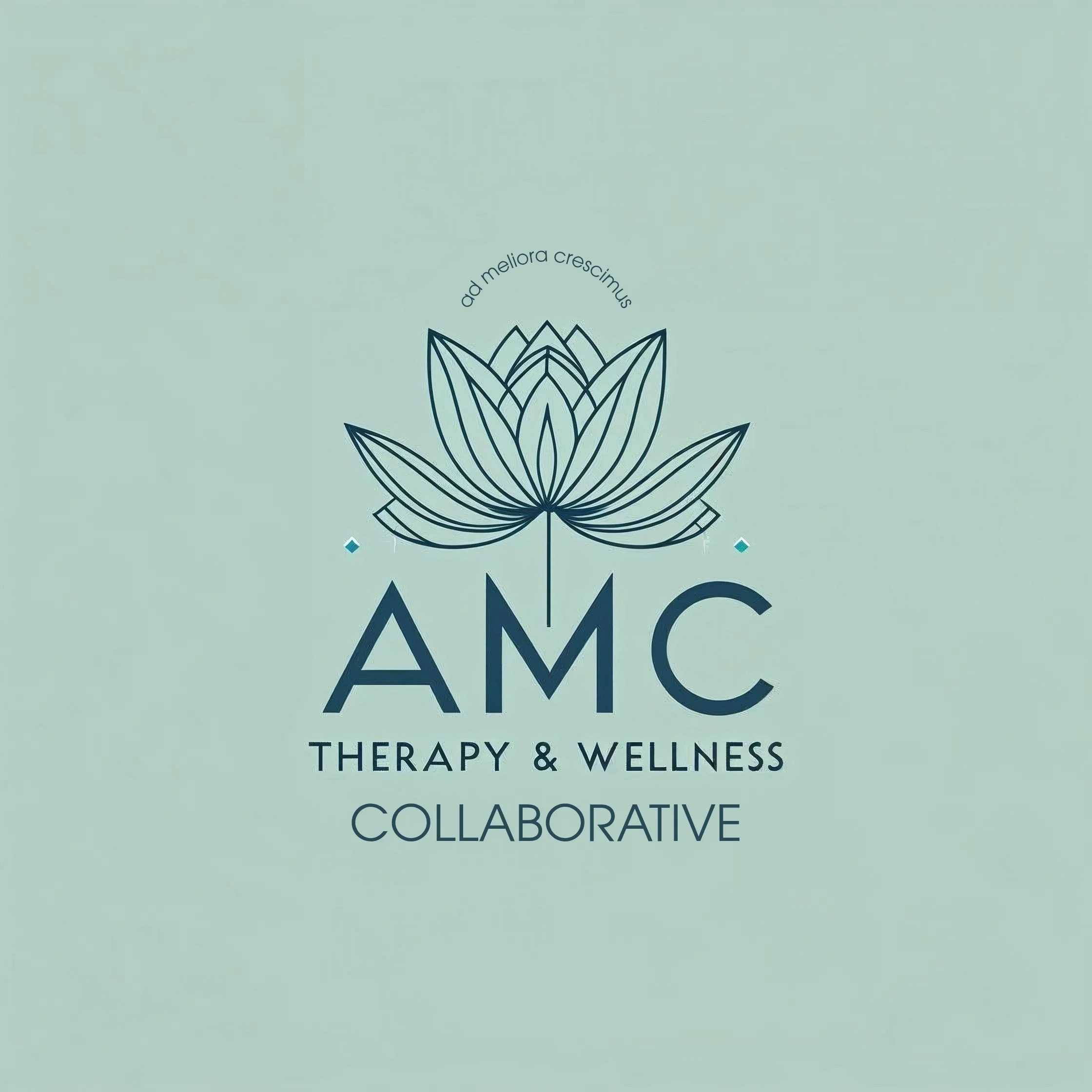 Logo for AMC Therapy & Wellness Collaborative featuring a stylized lotus flower and text in a sage green background.