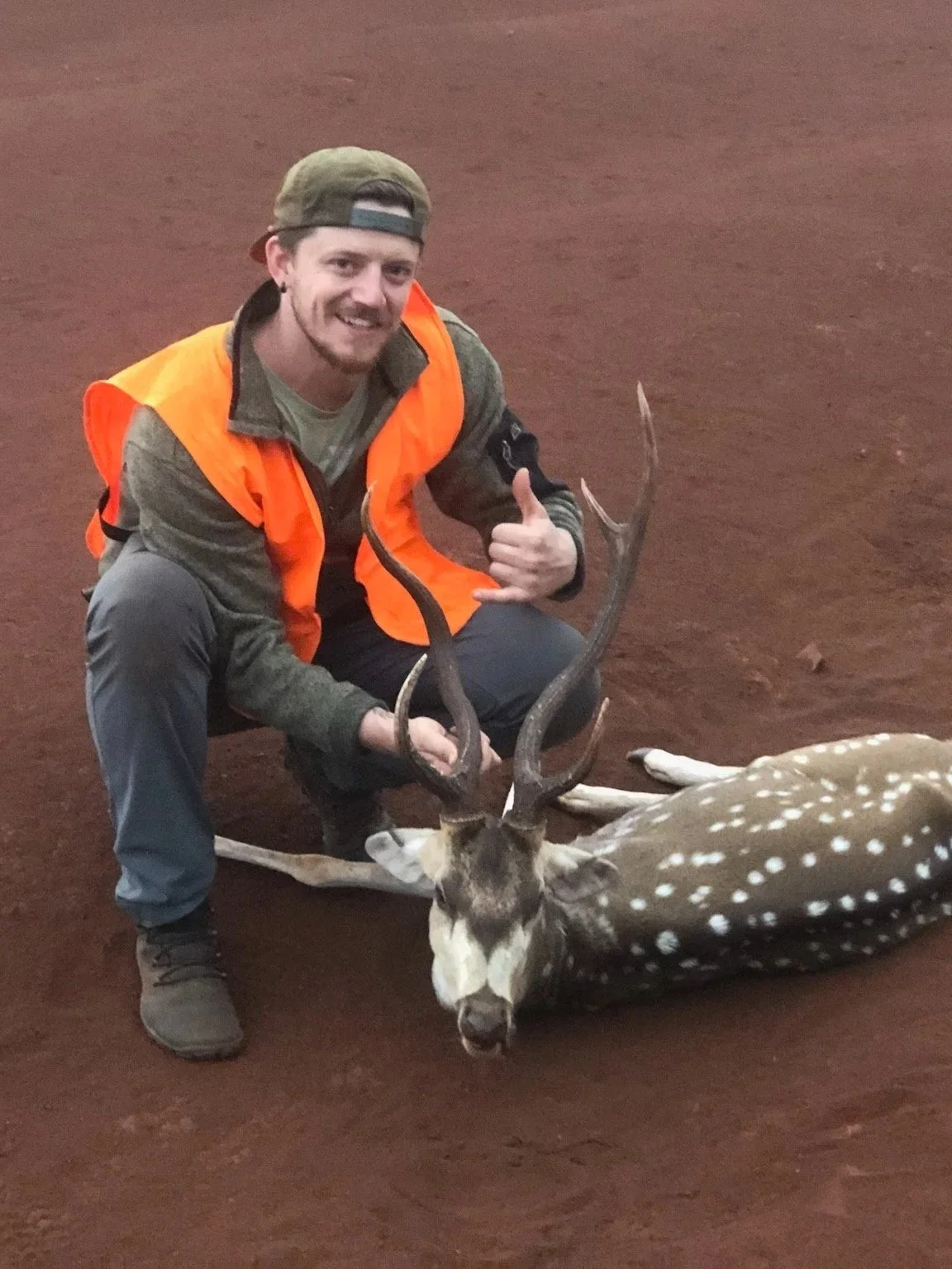 A man wearing a green cap, black shirt, gray pants, and an orange safety vest squats next to a slain deer with sprawling antlers on reddish ground, giving a thumbs-up.