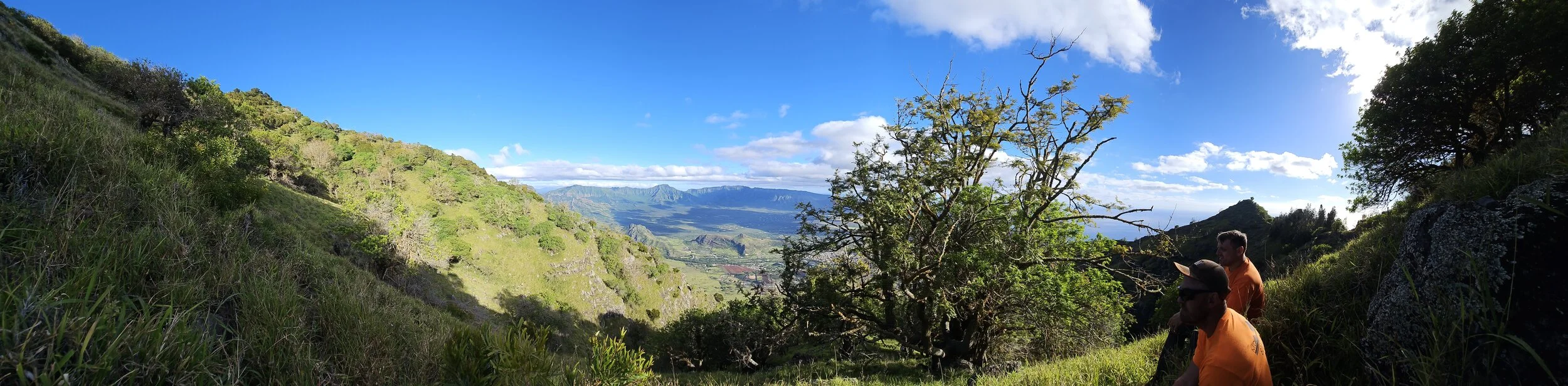 Two men in orange shirts sitting on grass surrounded by green trees and hillside, with a valley and mountains in the background on a bright, partly cloudy day.